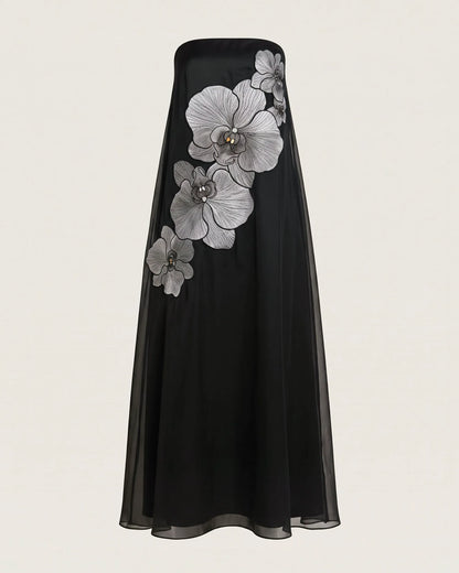 Orchid Embroidered Strapless Flowing Maxi Dress - Black