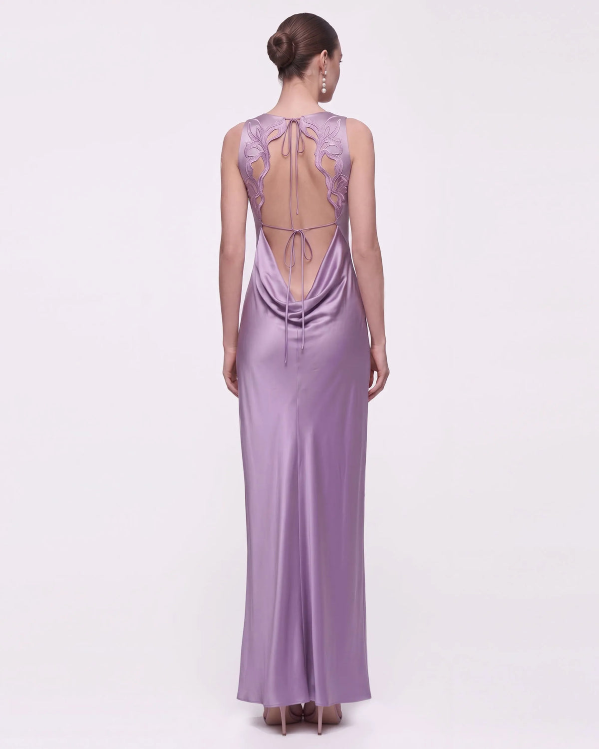 Floral Embellished Open-Back Satin Maxi Dress - Lilac