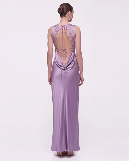 Floral Embellished Open-Back Satin Maxi Dress - Lilac
