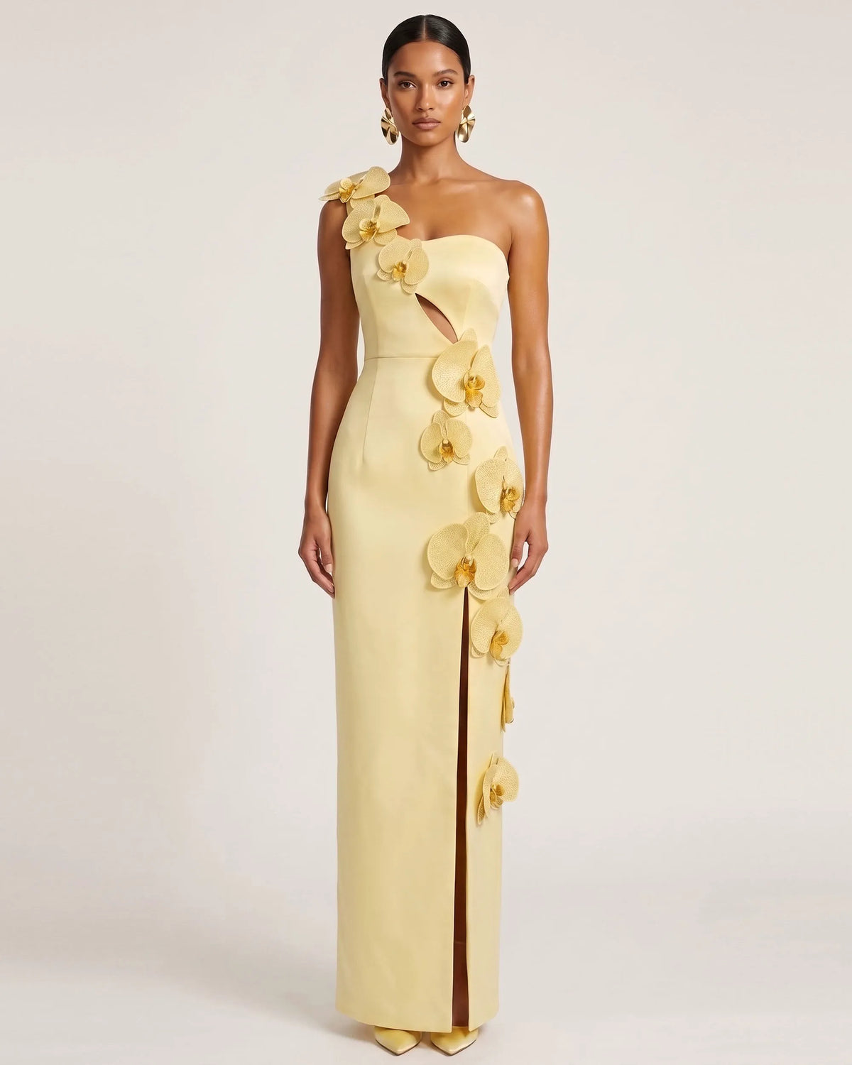 Orchid Embellished Cutout Slit Maxi Dress - Light Yellow