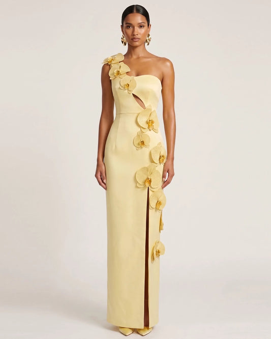 Orchid Embellished Cutout Slit Maxi Dress - Light Yellow