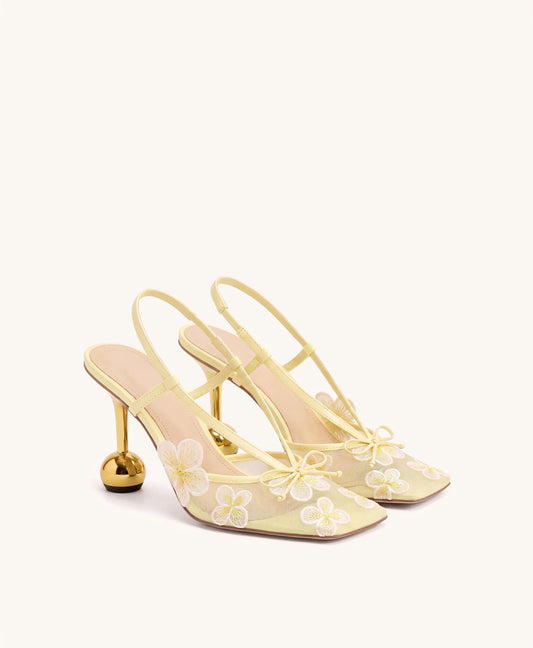 Mireille Floral Embroidered Bow Slingback Pumps - Yellow