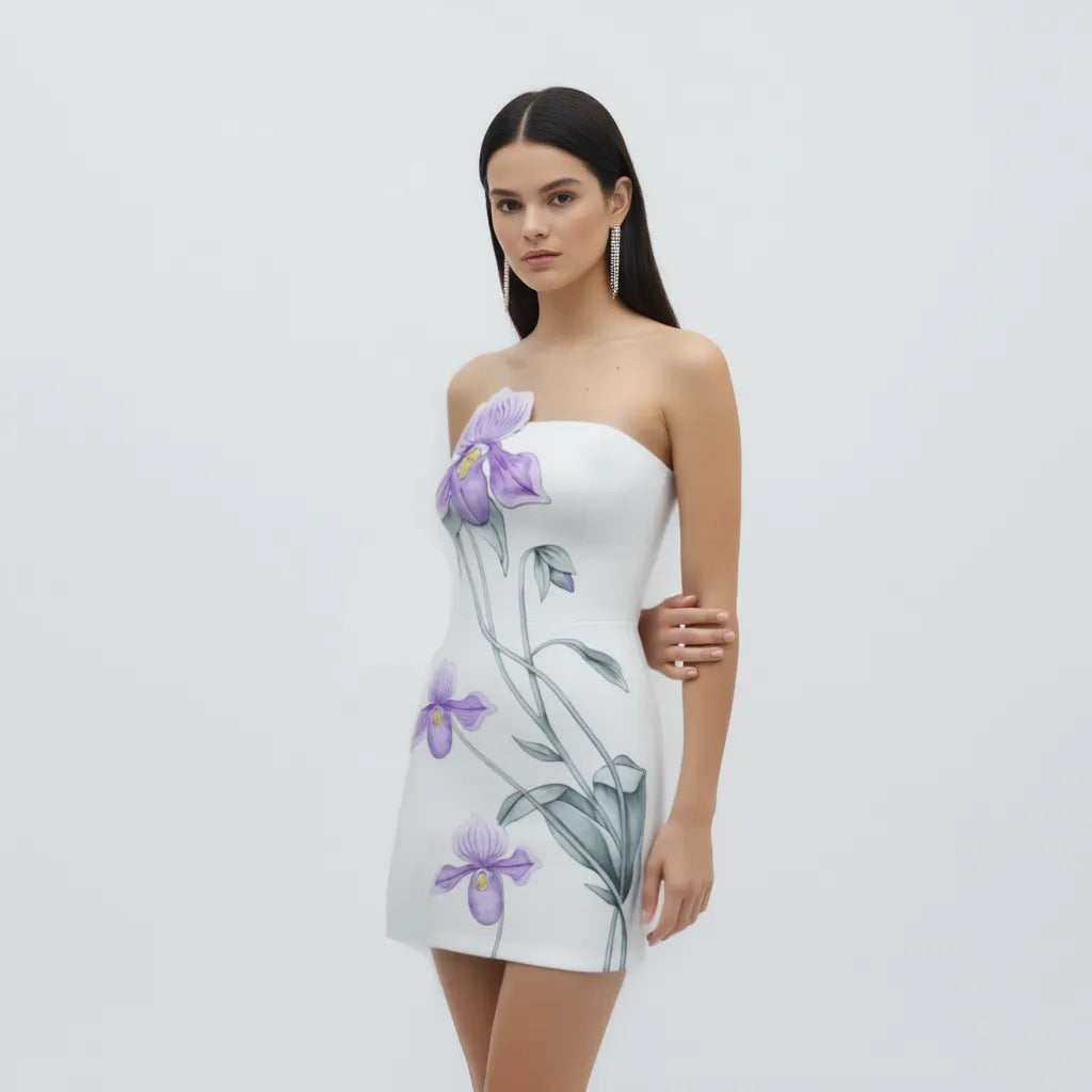 Slipper Orchid Appliqué Mini Dress - White