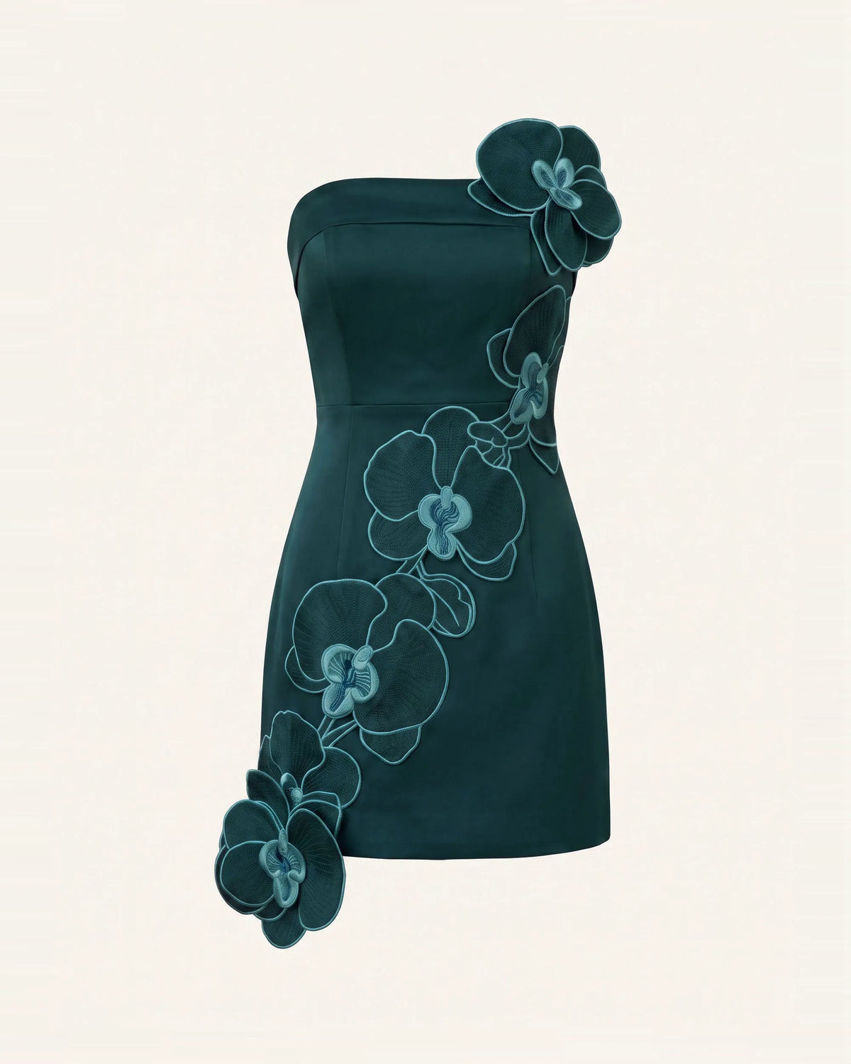 Orchid Embroidered Floral Appliqué Strapless Mini Dress - Dark Green