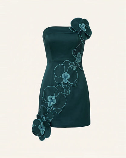 Orchid Embroidered Floral Appliqué Strapless Mini Dress - Dark Green