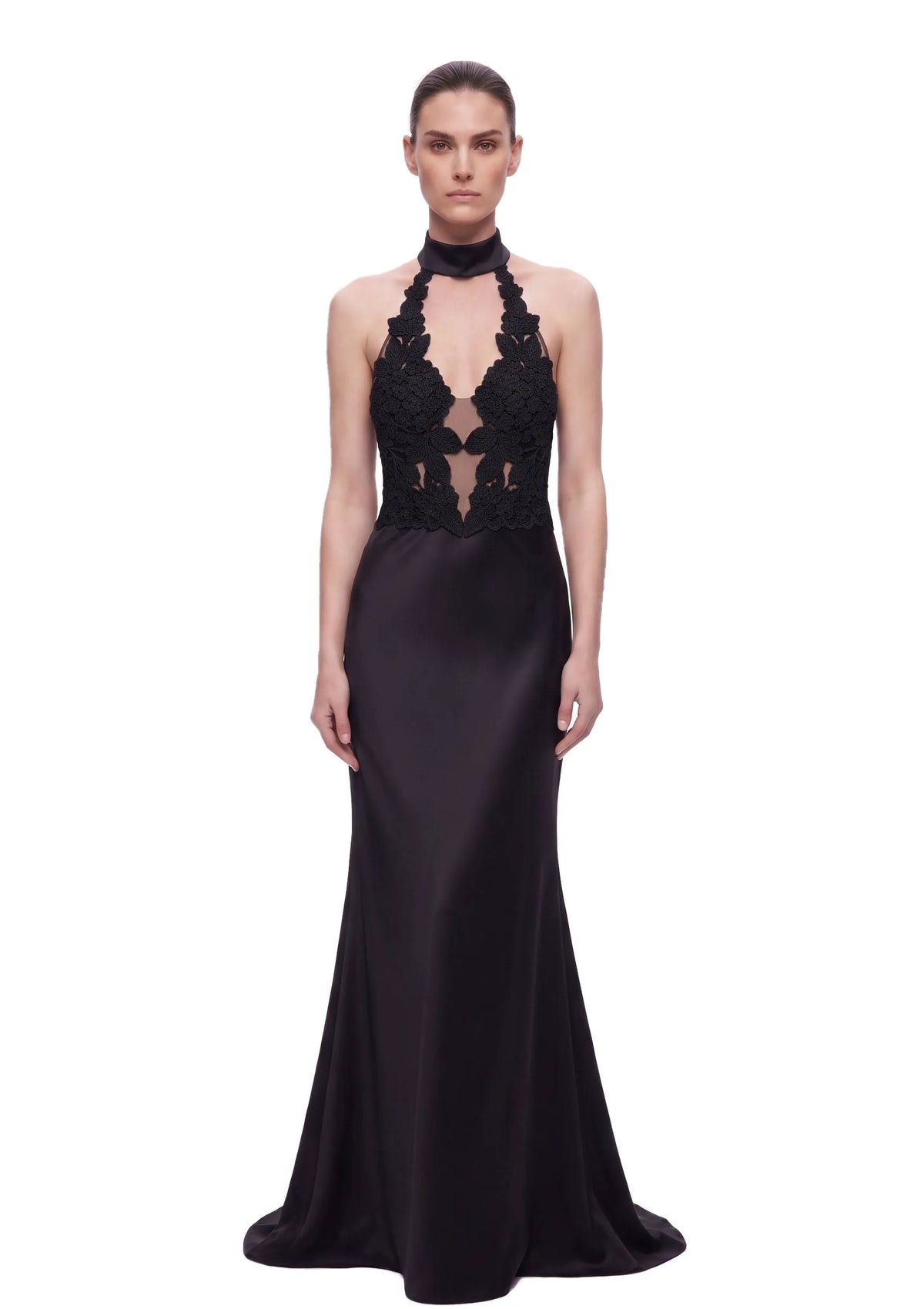 Floral Lace Halter Plunge-Neck Satin Maxi Dress - Black