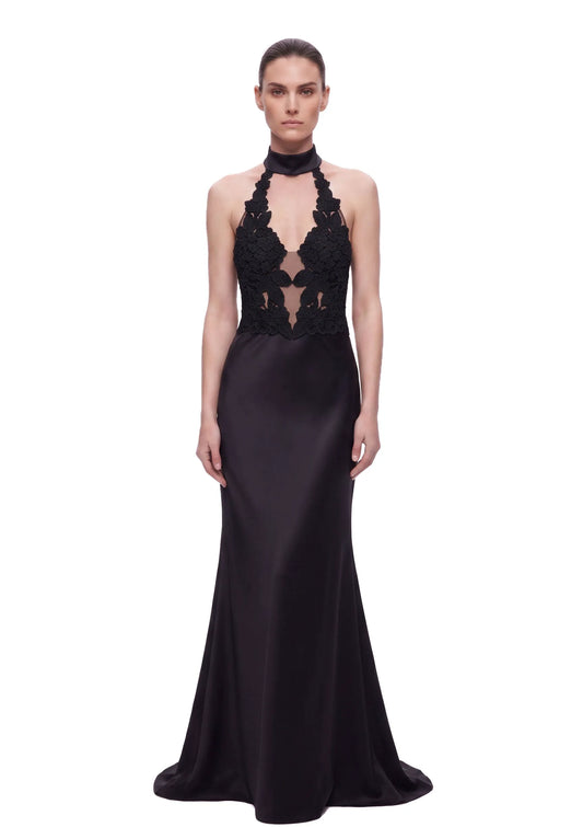 Floral Lace Halter Plunge-Neck Satin Maxi Dress - Black