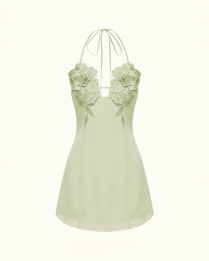 Flower Embroidered Mini Dress - Pistachio Green