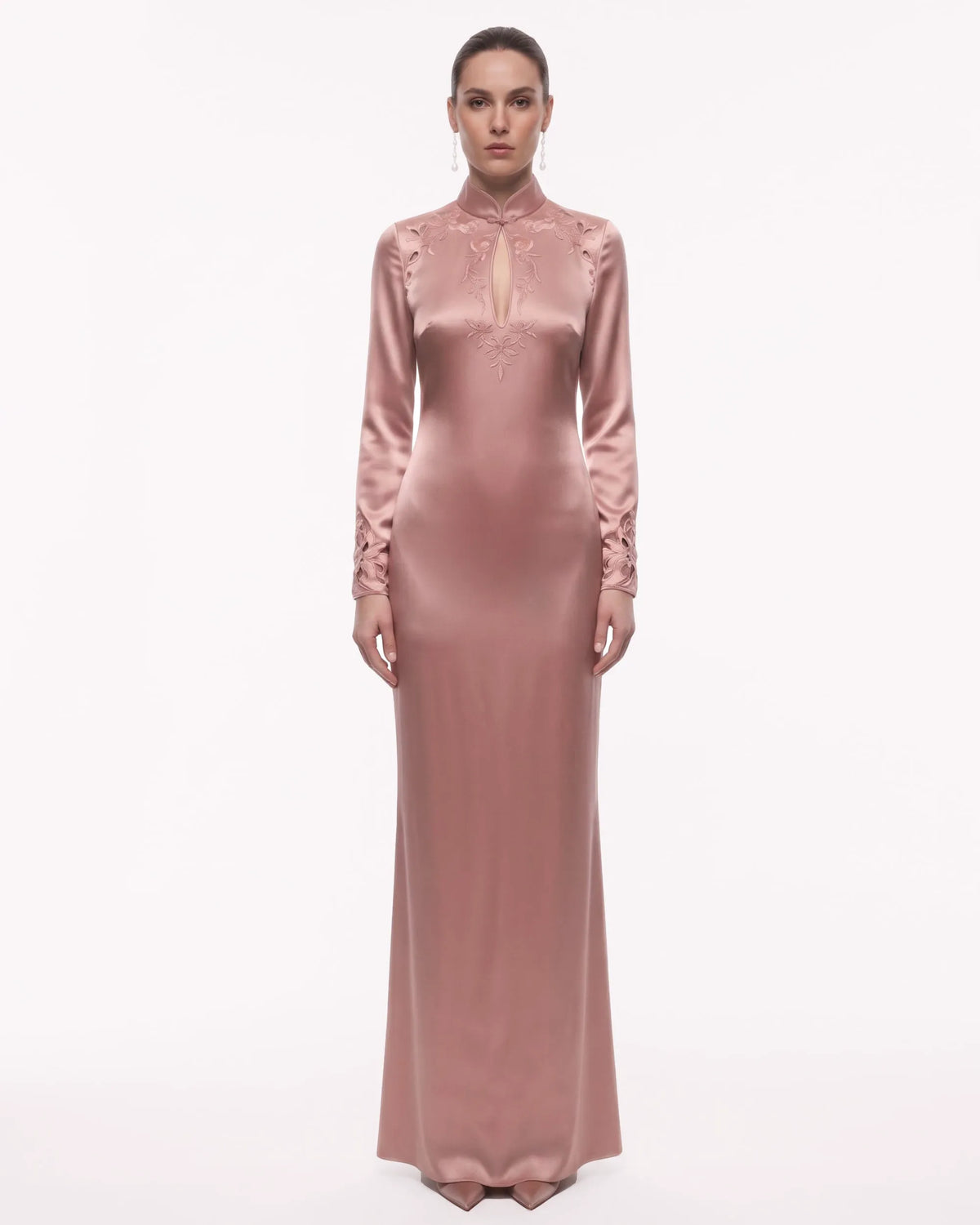 The Cheongsam-Reimagined Embroidered Satin Gown - Blush Pink