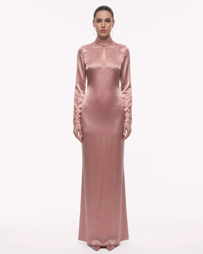The Cheongsam-Reimagined Embroidered Satin Gown - Blush Pink